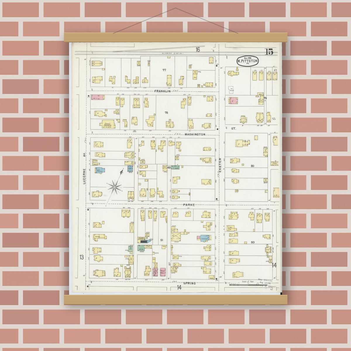 Old map wall art mockup — magnetic wood frame on brick wall — Sanborn Fire Insurance Map from Pittston, Luzerne County, Pennsylvania (1896), Sheet #0015