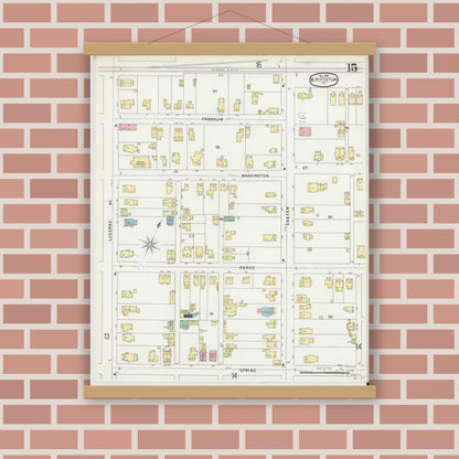 Old map wall art mockup — magnetic wood frame on brick wall — Sanborn Fire Insurance Map from Pittston, Luzerne County, Pennsylvania (1896), Sheet #0015