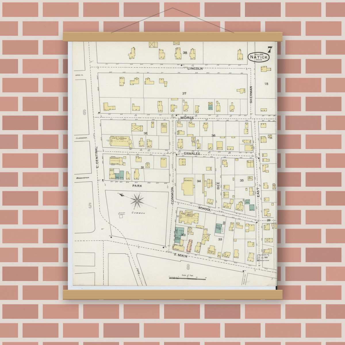 Old map wall art mockup — magnetic wood frame on brick wall — Sanborn Fire Insurance Map from Natick, Middlesex County, Massachusetts (1894), Sheet #0007