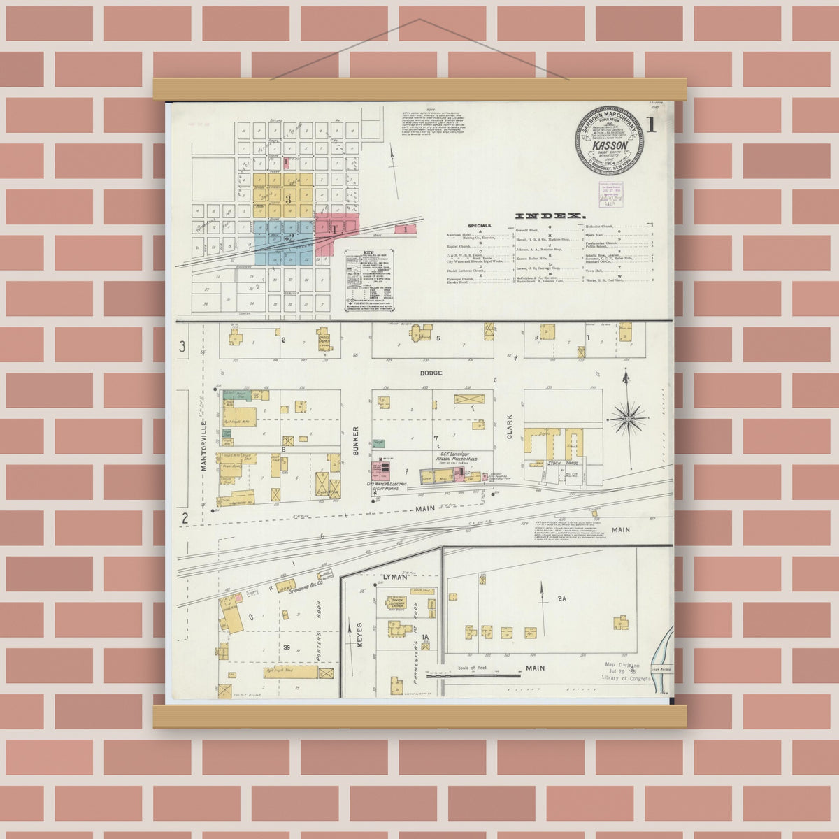 Old map wall art mockup — magnetic wood frame on brick wall — Sanborn Fire Insurance Map from Kasson, Dodge County, Minnesota (1904) - Complete Map Set