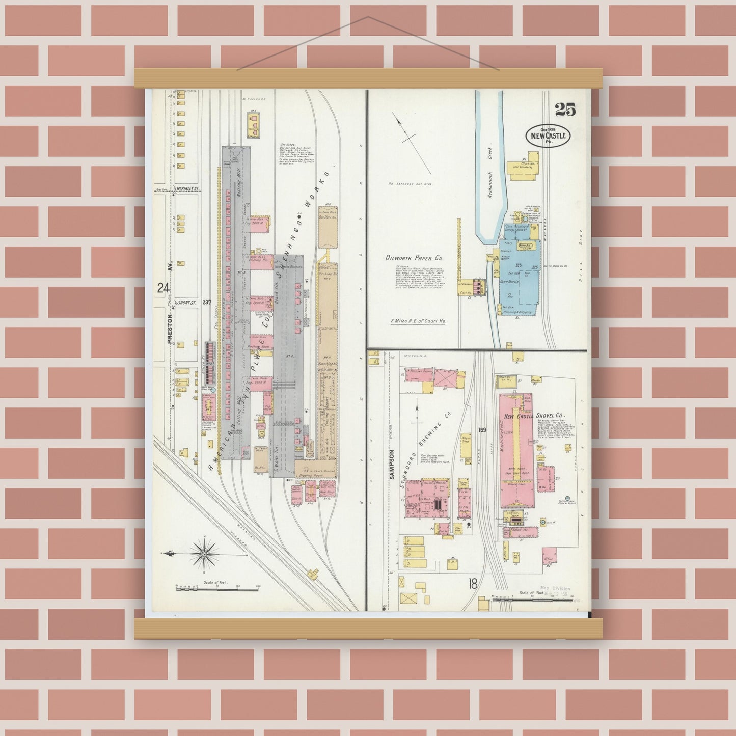 Old map wall art mockup — magnetic wood frame on brick wall — Sanborn Fire Insurance Map from New Castle, Lawrence County, Pennsylvania (1899), Sheet #0025