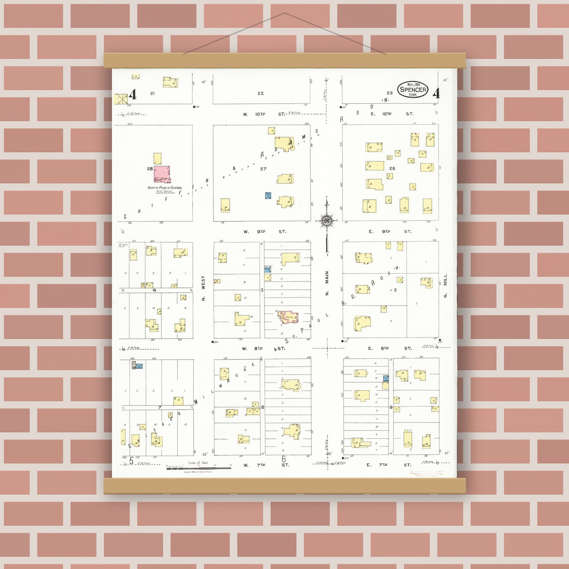 Old map wall art mockup — magnetic wood frame on brick wall — Sanborn Fire Insurance Map from Spencer, Clay County, Iowa (1924), Sheet #0004