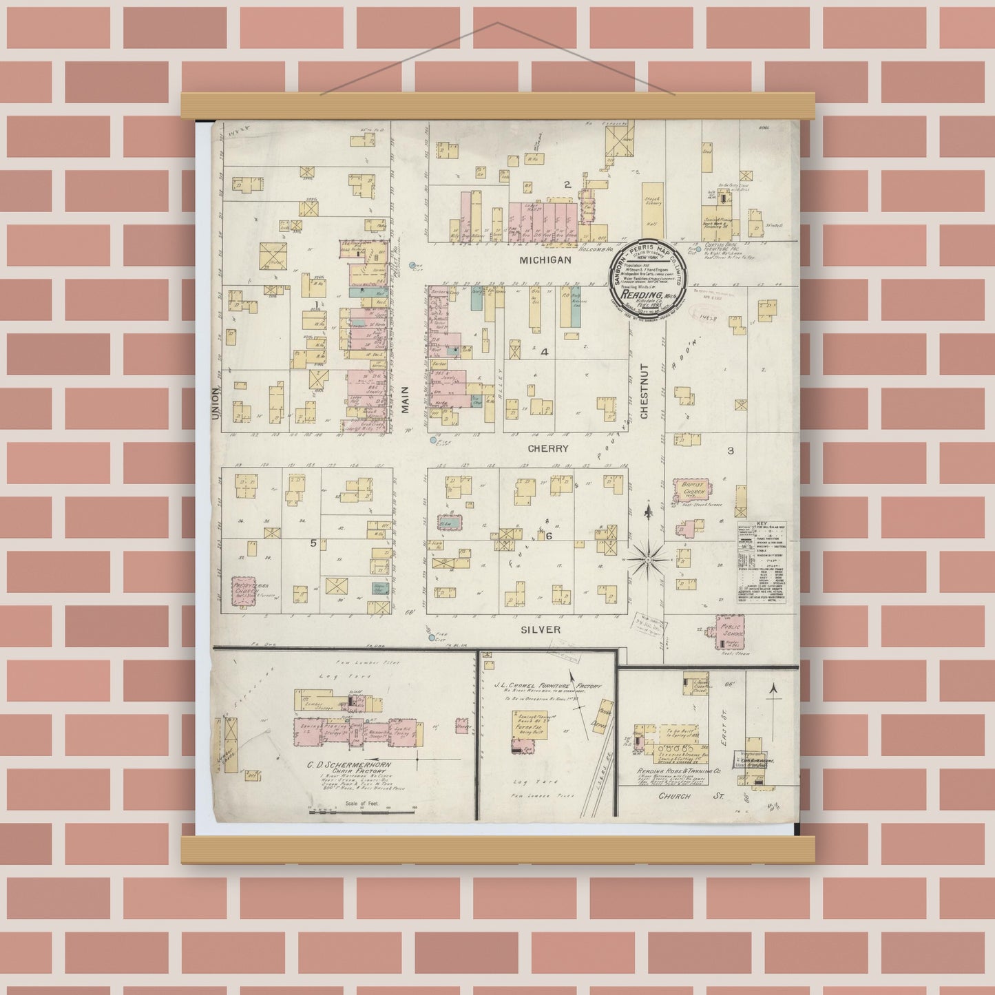 Old map wall art mockup — magnetic wood frame on brick wall — Sanborn Fire Insurance Map from Reading, Hillsdale County, Michigan (1893), Sheet #0001