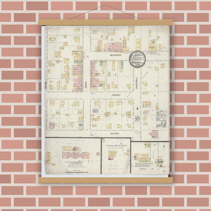 Old map wall art mockup — magnetic wood frame on brick wall — Sanborn Fire Insurance Map from Reading, Hillsdale County, Michigan (1893), Sheet #0001