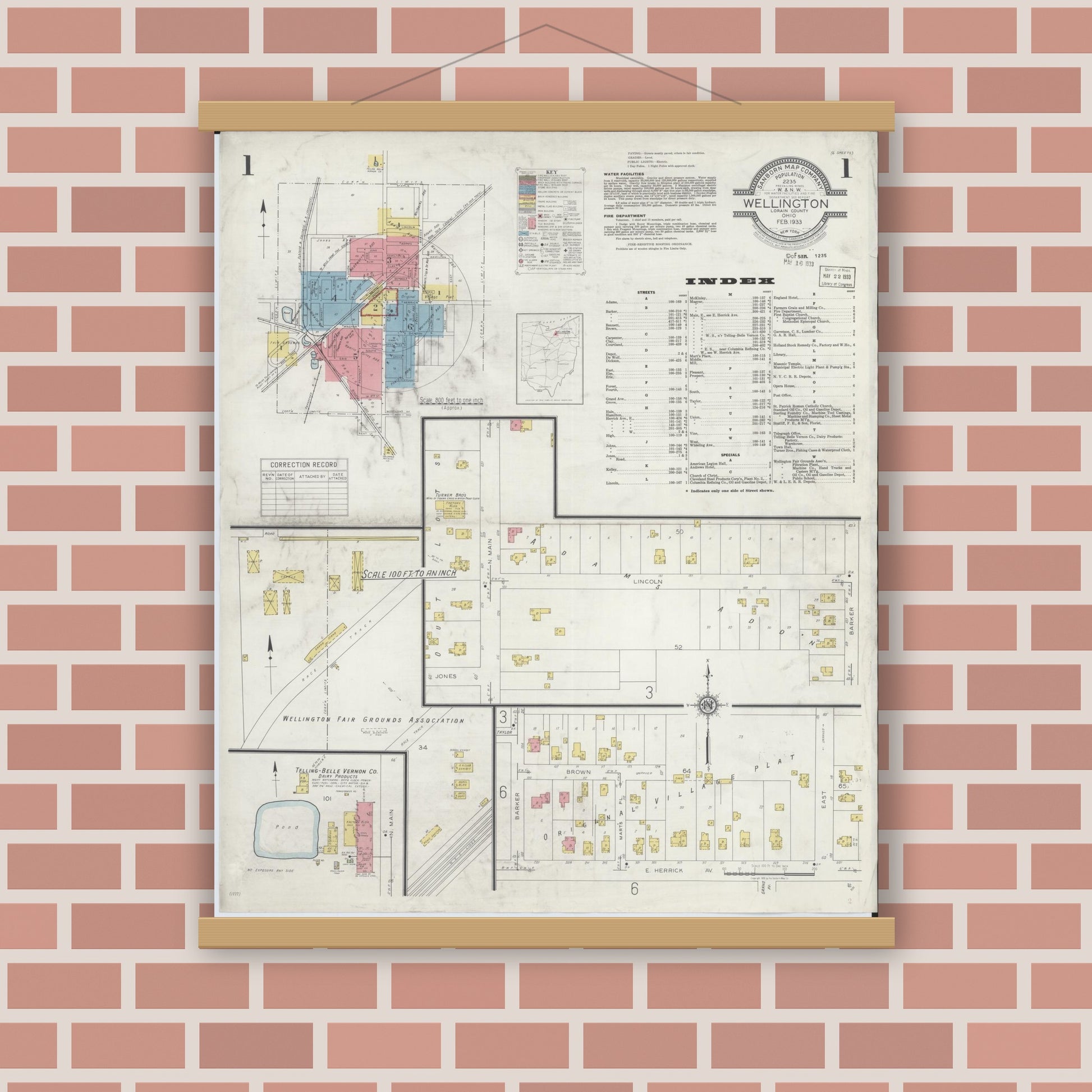 Old map wall art mockup — magnetic wood frame on brick wall — Sanborn Fire Insurance Map from Wellington, Lorain County, Ohio (1933), Sheet #0001