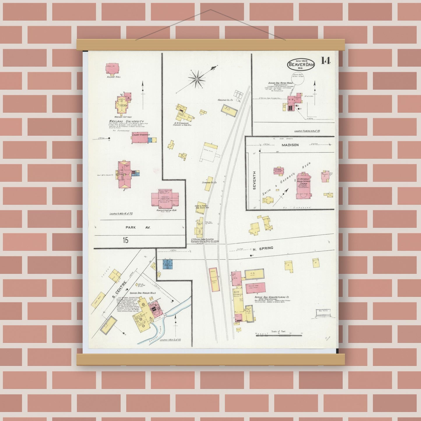 Old map wall art mockup — magnetic wood frame on brick wall — Sanborn Fire Insurance Map from Beaver Dam, Dodge County, Wisconsin (1909), Sheet #0014