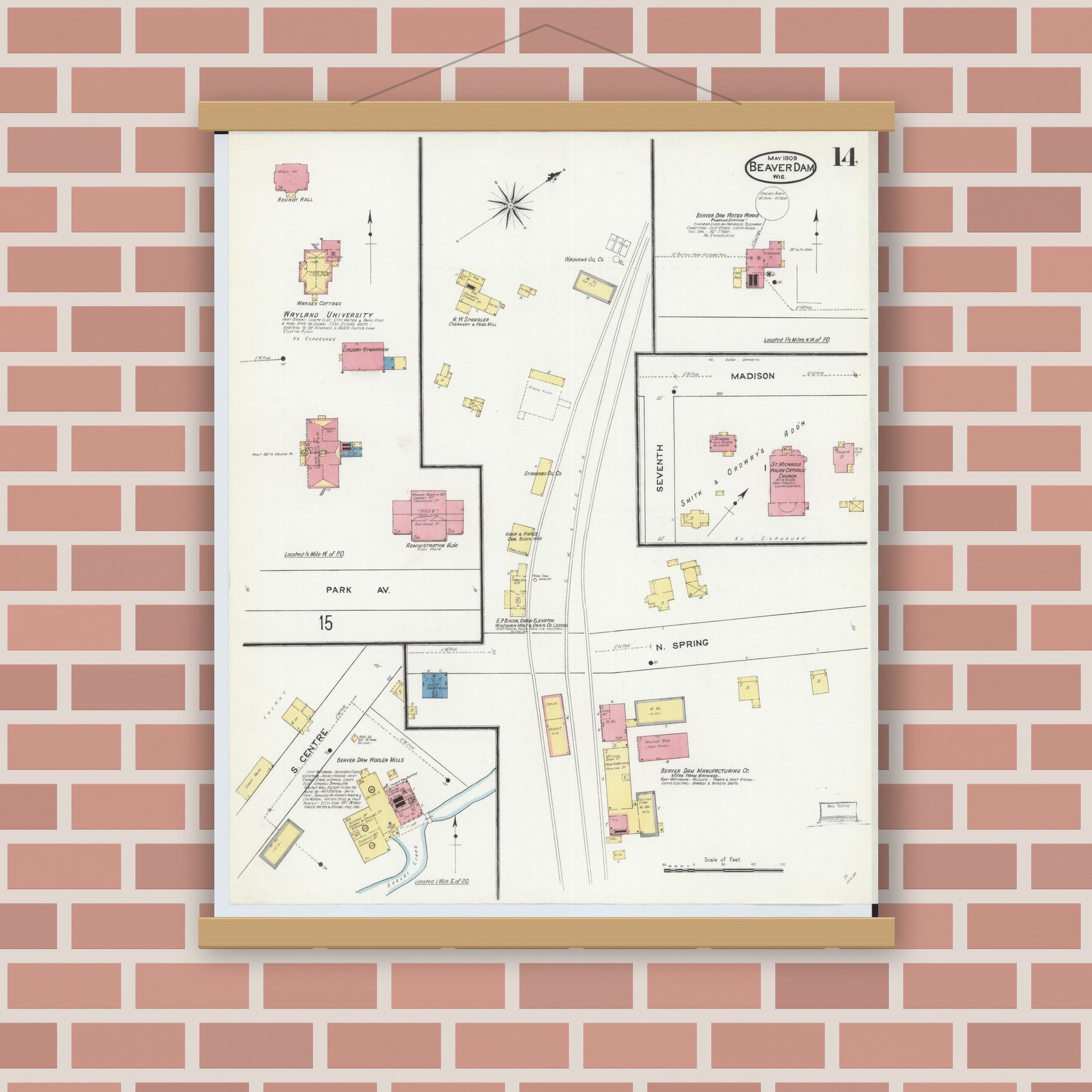 Old map wall art mockup — magnetic wood frame on brick wall — Sanborn Fire Insurance Map from Beaver Dam, Dodge County, Wisconsin (1909), Sheet #0014