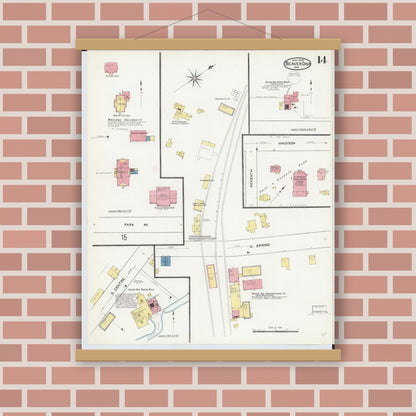Old map wall art mockup — magnetic wood frame on brick wall — Sanborn Fire Insurance Map from Beaver Dam, Dodge County, Wisconsin (1909), Sheet #0014