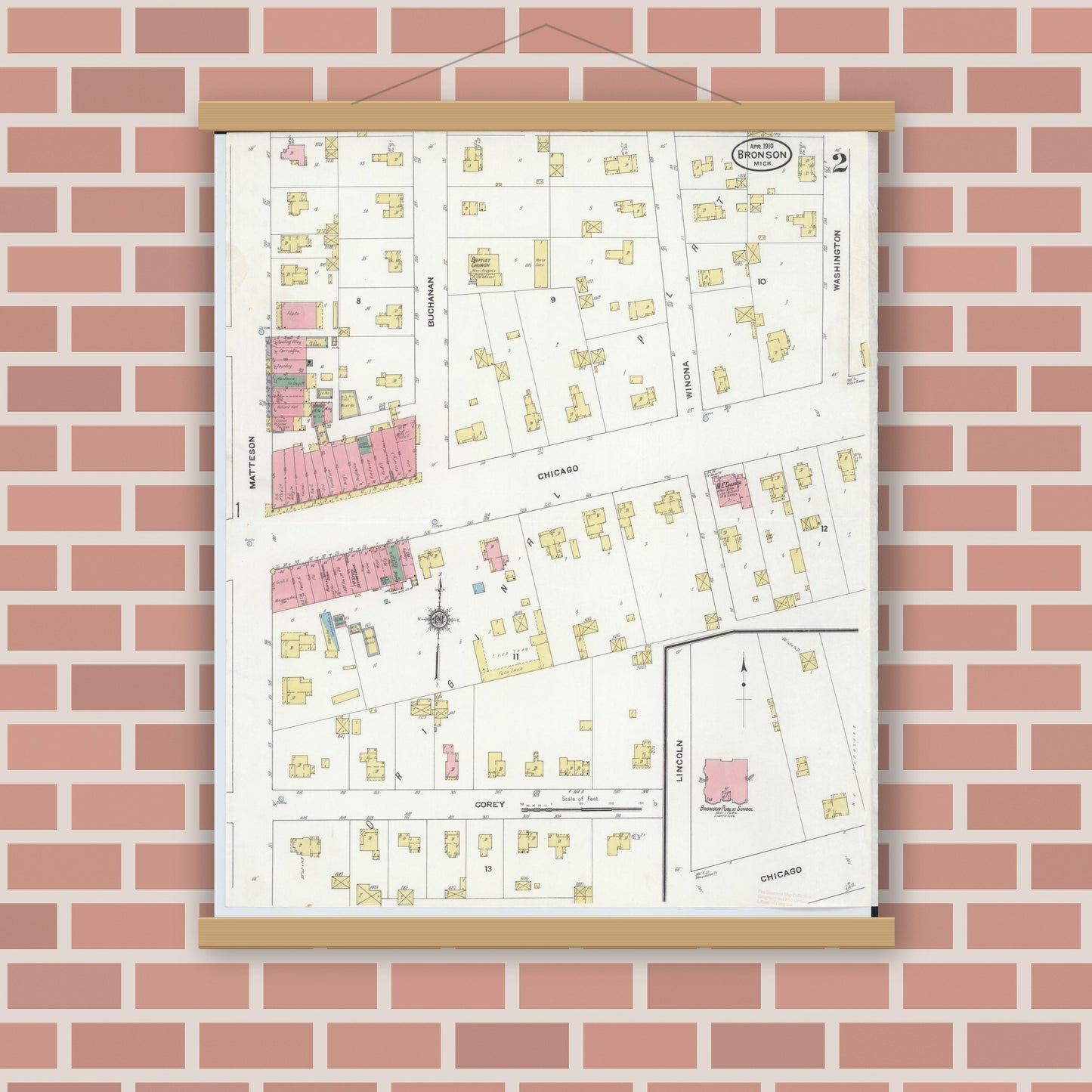 Old map wall art mockup — magnetic wood frame on brick wall — Sanborn Fire Insurance Map from Bronson, Branch  County, Michigan (1910), Sheet #0002