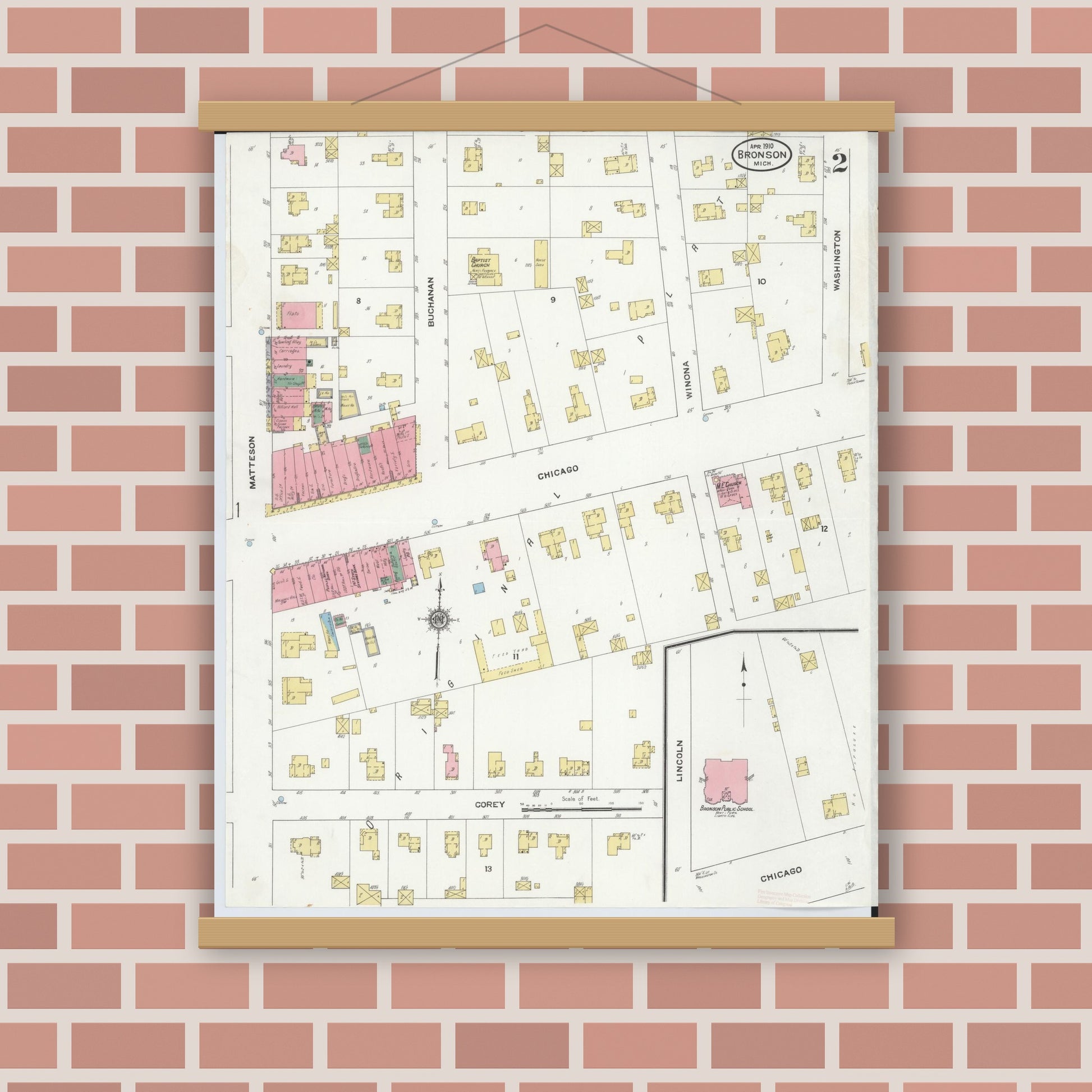 Old map wall art mockup — magnetic wood frame on brick wall — Sanborn Fire Insurance Map from Bronson, Branch  County, Michigan (1910), Sheet #0002