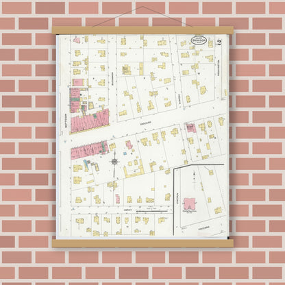 Old map wall art mockup — magnetic wood frame on brick wall — Sanborn Fire Insurance Map from Bronson, Branch  County, Michigan (1910), Sheet #0002