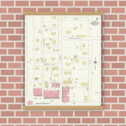 Old map wall art mockup — magnetic wood frame on brick wall — Sanborn Fire Insurance Map from Henderson, Rusk County, Texas (1912), Sheet #0004