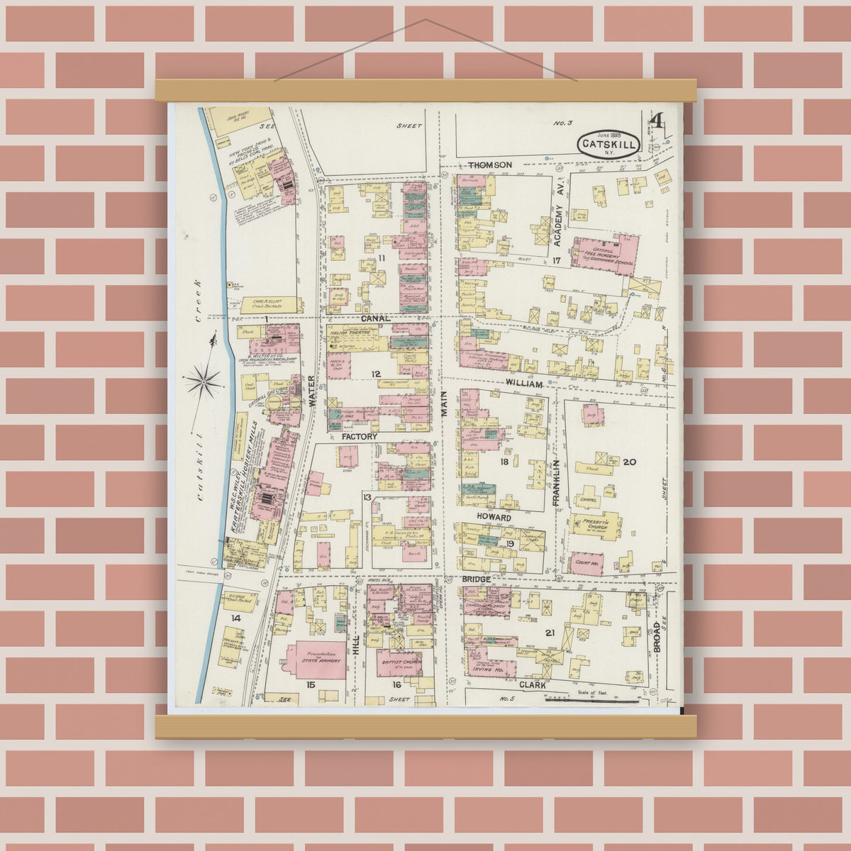 Old map wall art mockup — magnetic wood frame on brick wall — Sanborn Fire Insurance Map from Catskill, Greene County, New York (1889), Sheet #0004