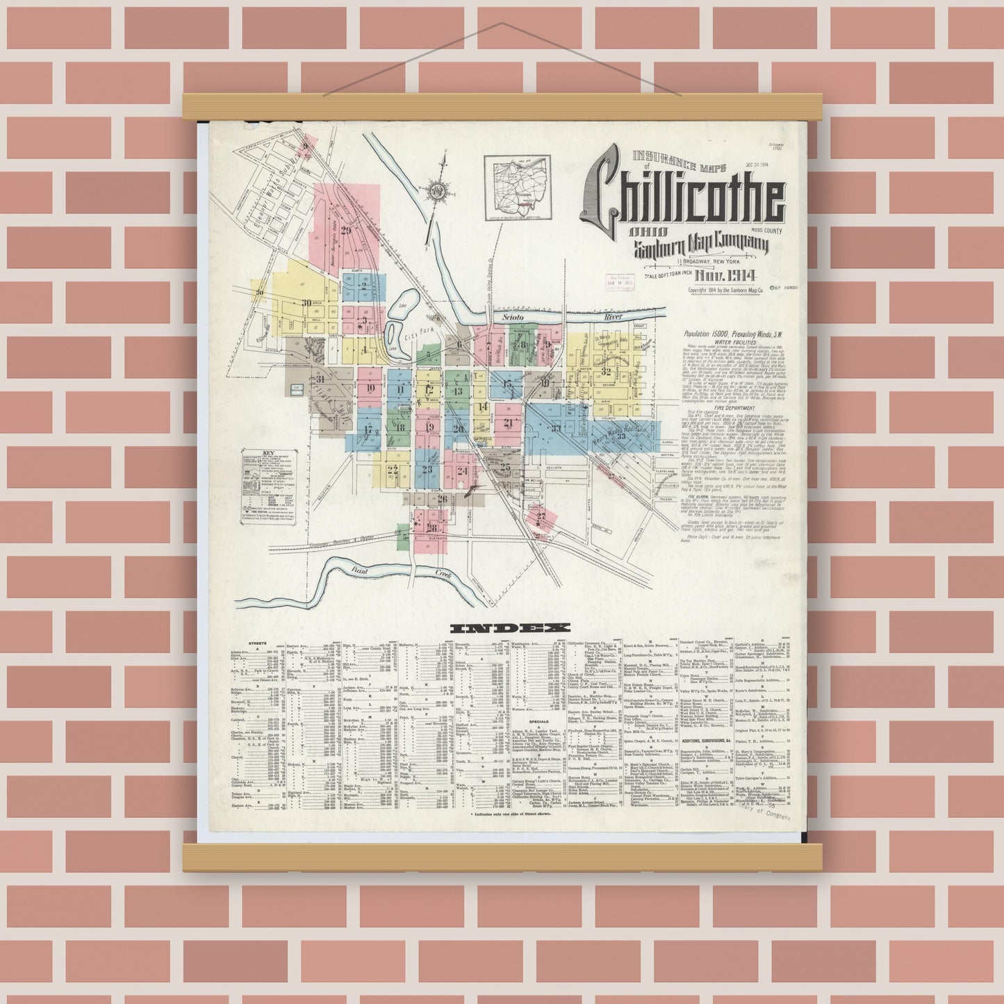 Old map wall art mockup — magnetic wood frame on brick wall — Sanborn Fire Insurance Map from Chillicothe, Ross County, Ohio (1914), Sheet #0001