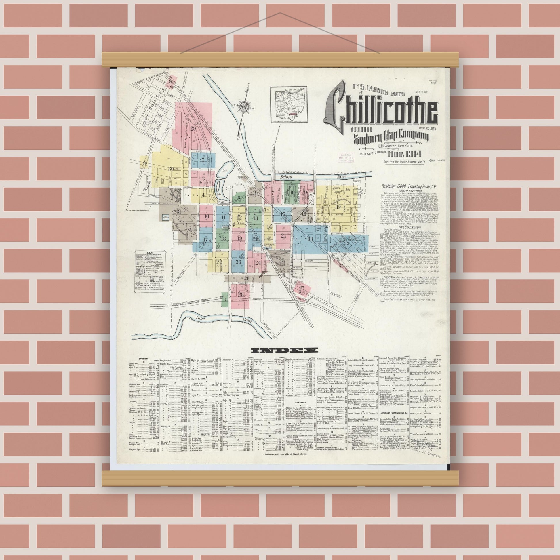 Old map wall art mockup — magnetic wood frame on brick wall — Sanborn Fire Insurance Map from Chillicothe, Ross County, Ohio (1914), Sheet #0001