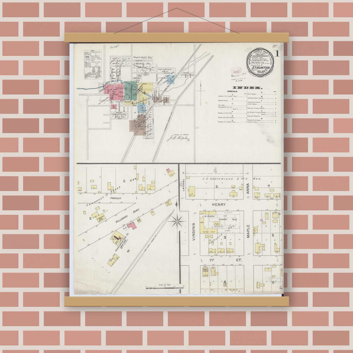 Old map wall art mockup — magnetic wood frame on brick wall — Sanborn Fire Insurance Map from Staunton, Macoupin County, Illinois (1894), Sheet #0001