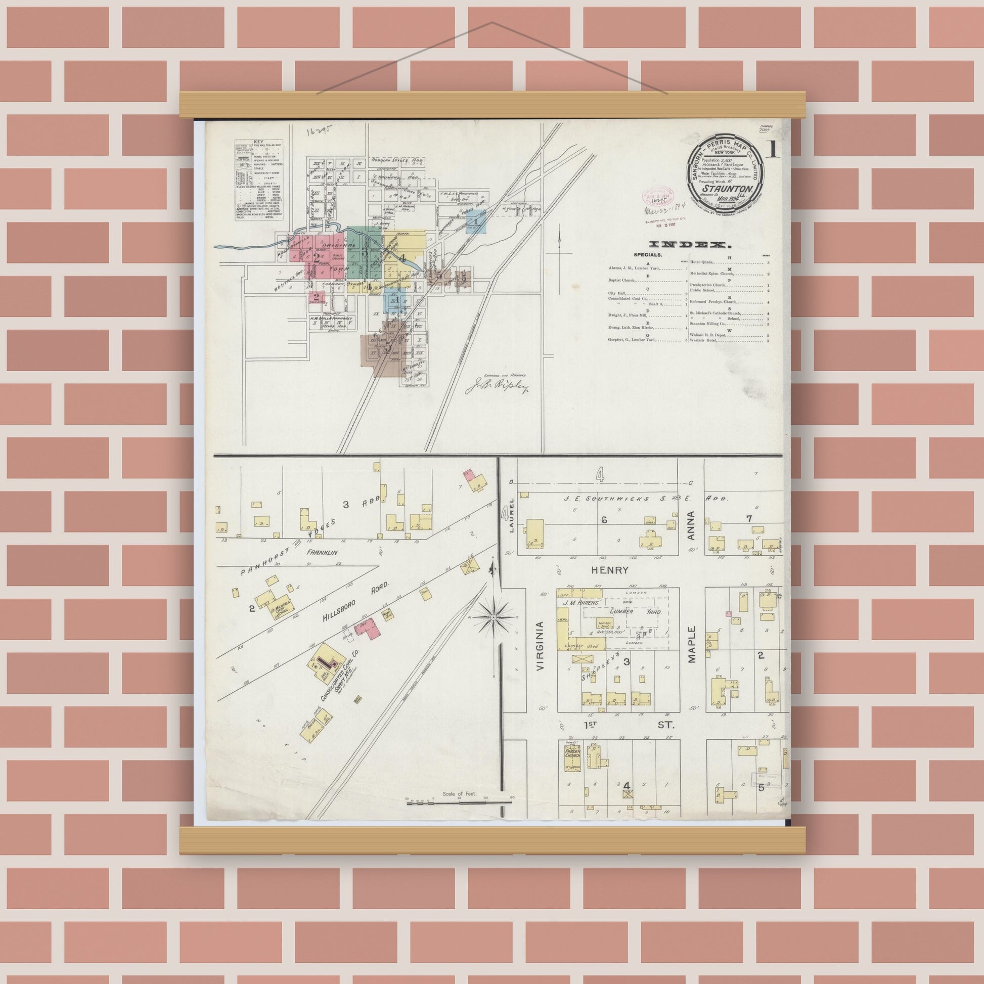 Old map wall art mockup — magnetic wood frame on brick wall — Sanborn Fire Insurance Map from Staunton, Macoupin County, Illinois (1894), Sheet #0001
