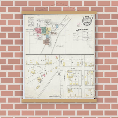 Old map wall art mockup — magnetic wood frame on brick wall — Sanborn Fire Insurance Map from Staunton, Macoupin County, Illinois (1894), Sheet #0001