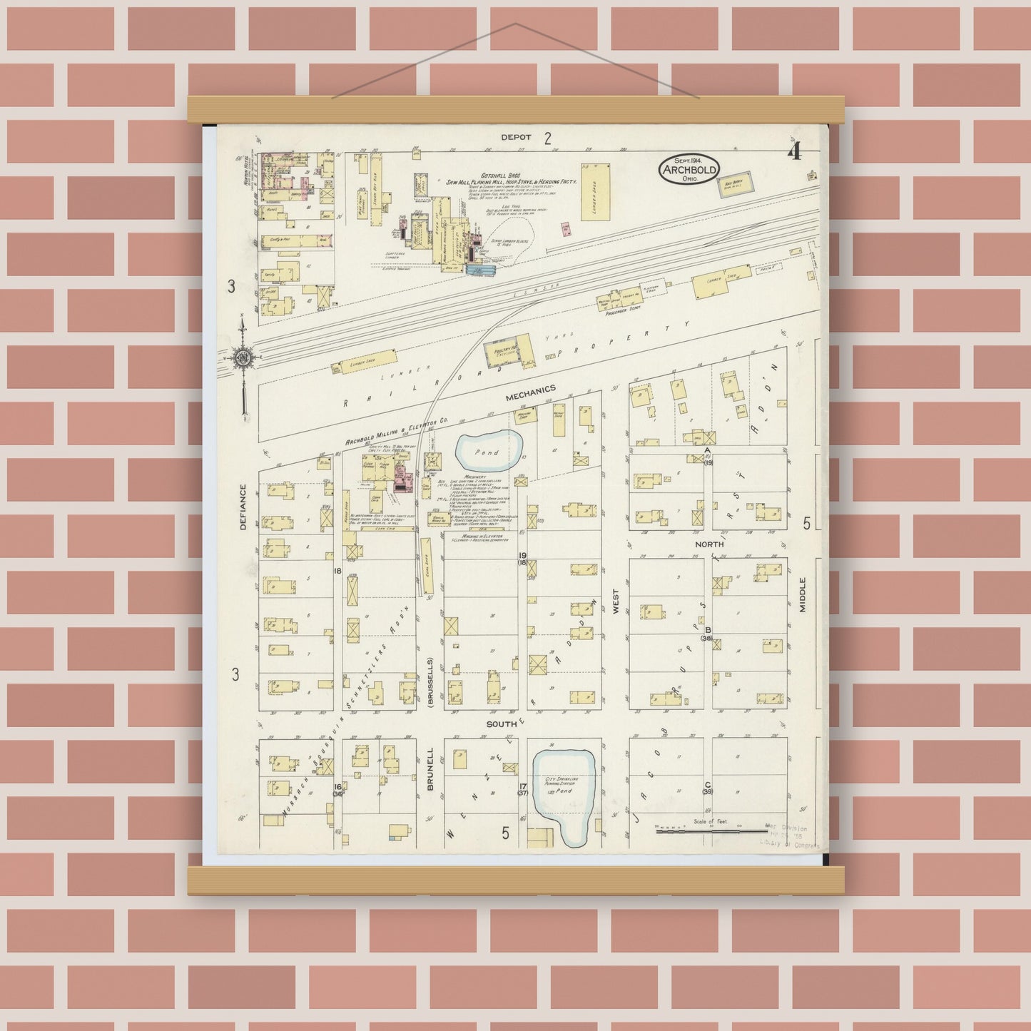 Old map wall art mockup — magnetic wood frame on brick wall — Sanborn Fire Insurance Map from Archbold, Fulton County, Ohio (1914), Sheet #0004