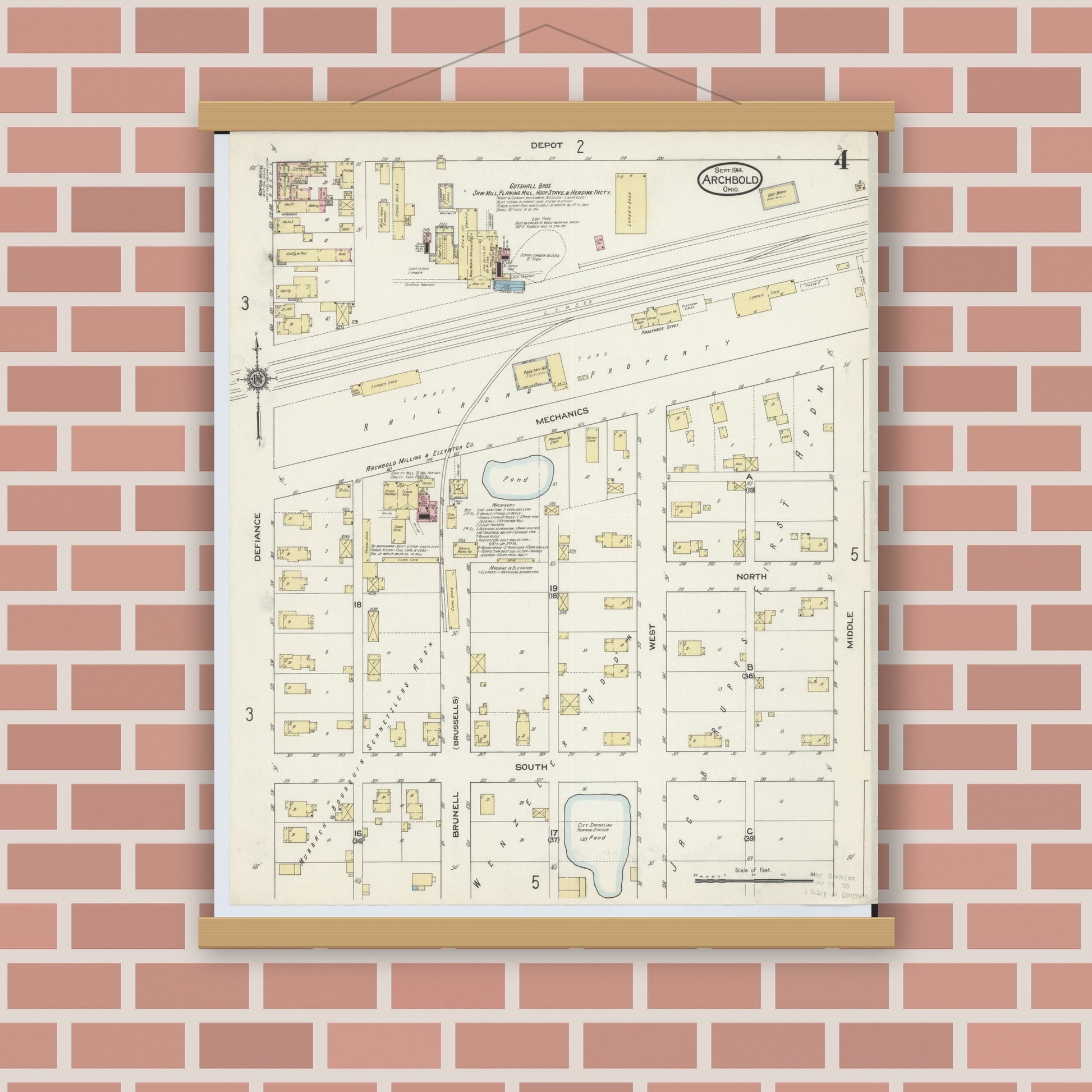 Old map wall art mockup — magnetic wood frame on brick wall — Sanborn Fire Insurance Map from Archbold, Fulton County, Ohio (1914), Sheet #0004