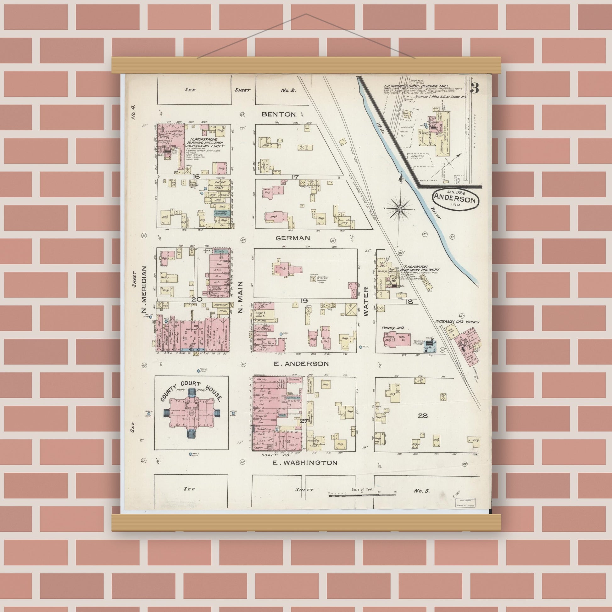 Old map wall art mockup — magnetic wood frame on brick wall — Sanborn Fire Insurance Map from Anderson, Madison County, Indiana (1886), Sheet #0003