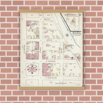 Old map wall art mockup — magnetic wood frame on brick wall — Sanborn Fire Insurance Map from Anderson, Madison County, Indiana (1886), Sheet #0003