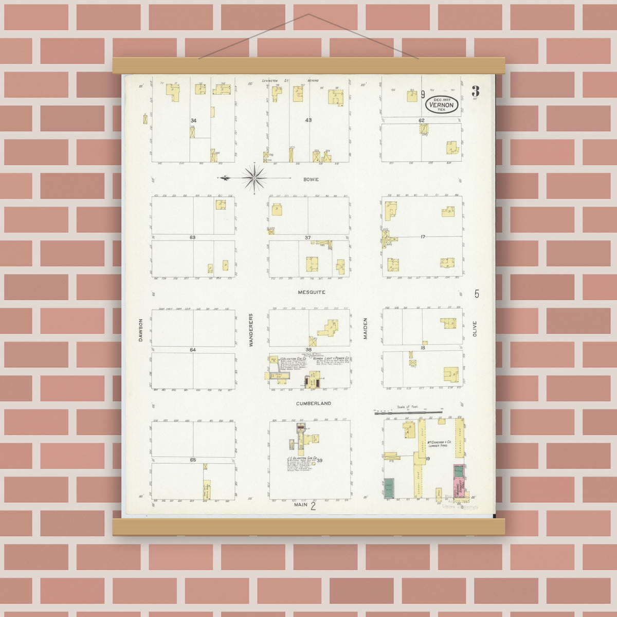 Old map wall art mockup — magnetic wood frame on brick wall — Sanborn Fire Insurance Map from Vernon, Wilbarger County, Texas (1907), Sheet #0003