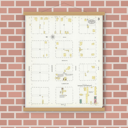 Old map wall art mockup — magnetic wood frame on brick wall — Sanborn Fire Insurance Map from Vernon, Wilbarger County, Texas (1907), Sheet #0003