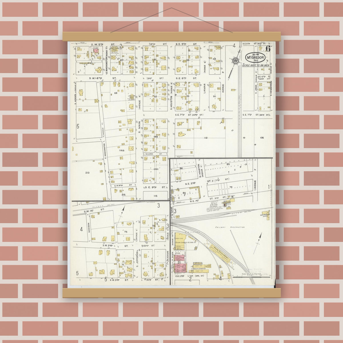 Old map wall art mockup — magnetic wood frame on brick wall — Sanborn Fire Insurance Map from McGregor, McLennan County, Texas (1915), Sheet #0006