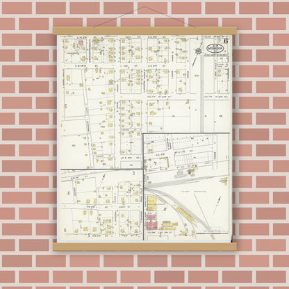 Old map wall art mockup — magnetic wood frame on brick wall — Sanborn Fire Insurance Map from McGregor, McLennan County, Texas (1915), Sheet #0006