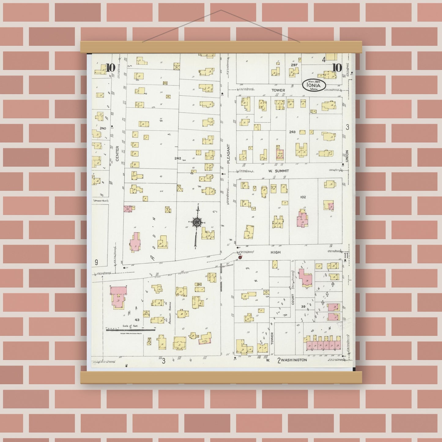 Old map wall art mockup — magnetic wood frame on brick wall — Sanborn Fire Insurance Map from Ionia, Ionia County, Michigan (1924), Sheet #0010