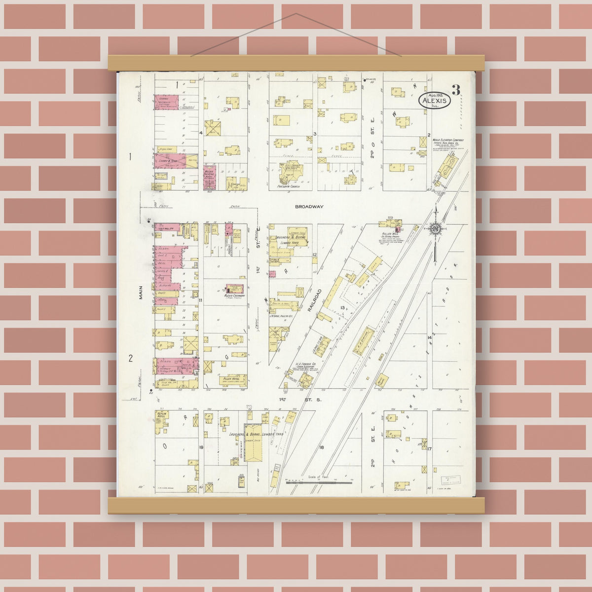 Old map wall art mockup — magnetic wood frame on brick wall — Sanborn Fire Insurance Map from Alexis, Warren County, Illinois (1913), Sheet #0003