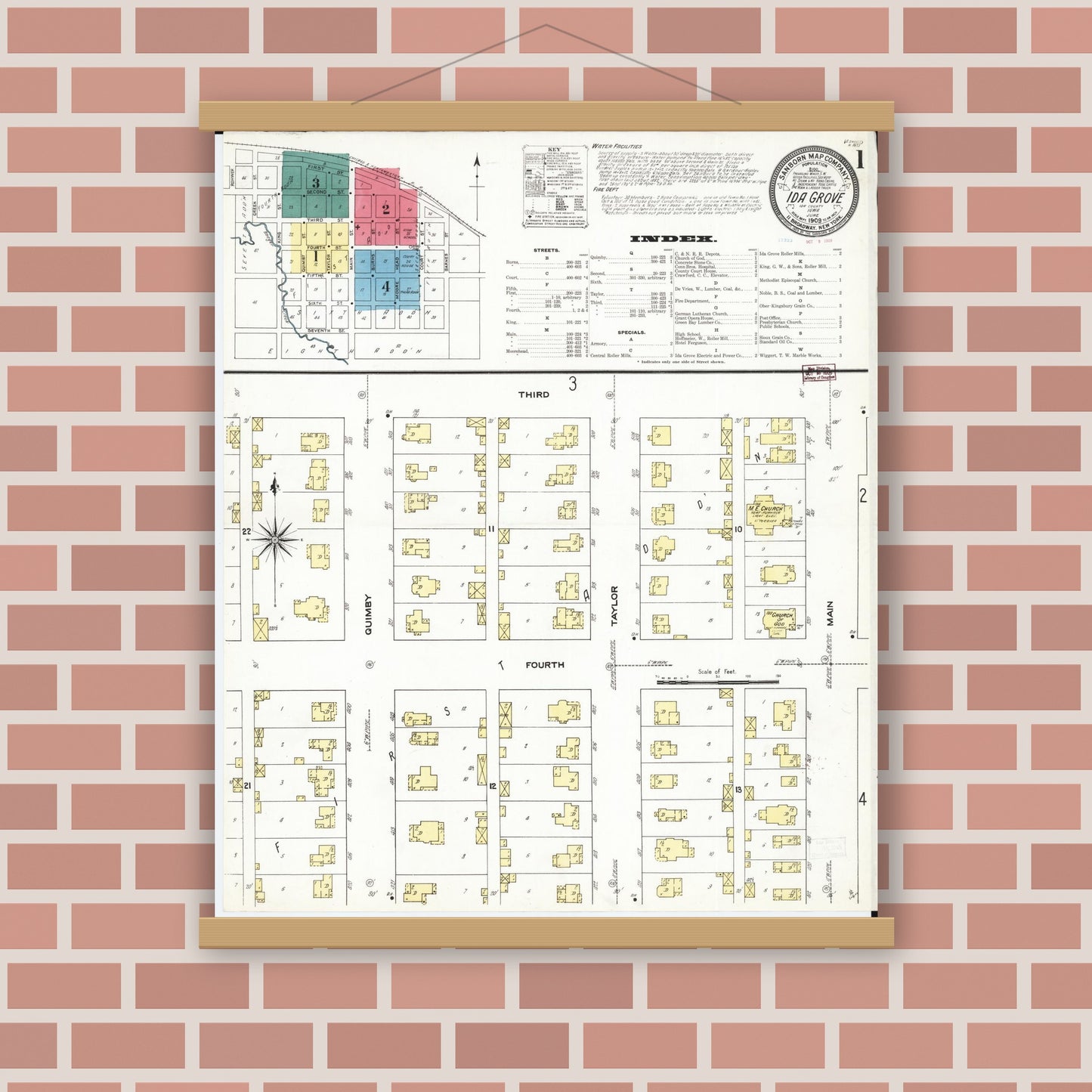 Old map wall art mockup — magnetic wood frame on brick wall — Sanborn Fire Insurance Map from Ida Grove, Ida County, Iowa (1909), Sheet #0001