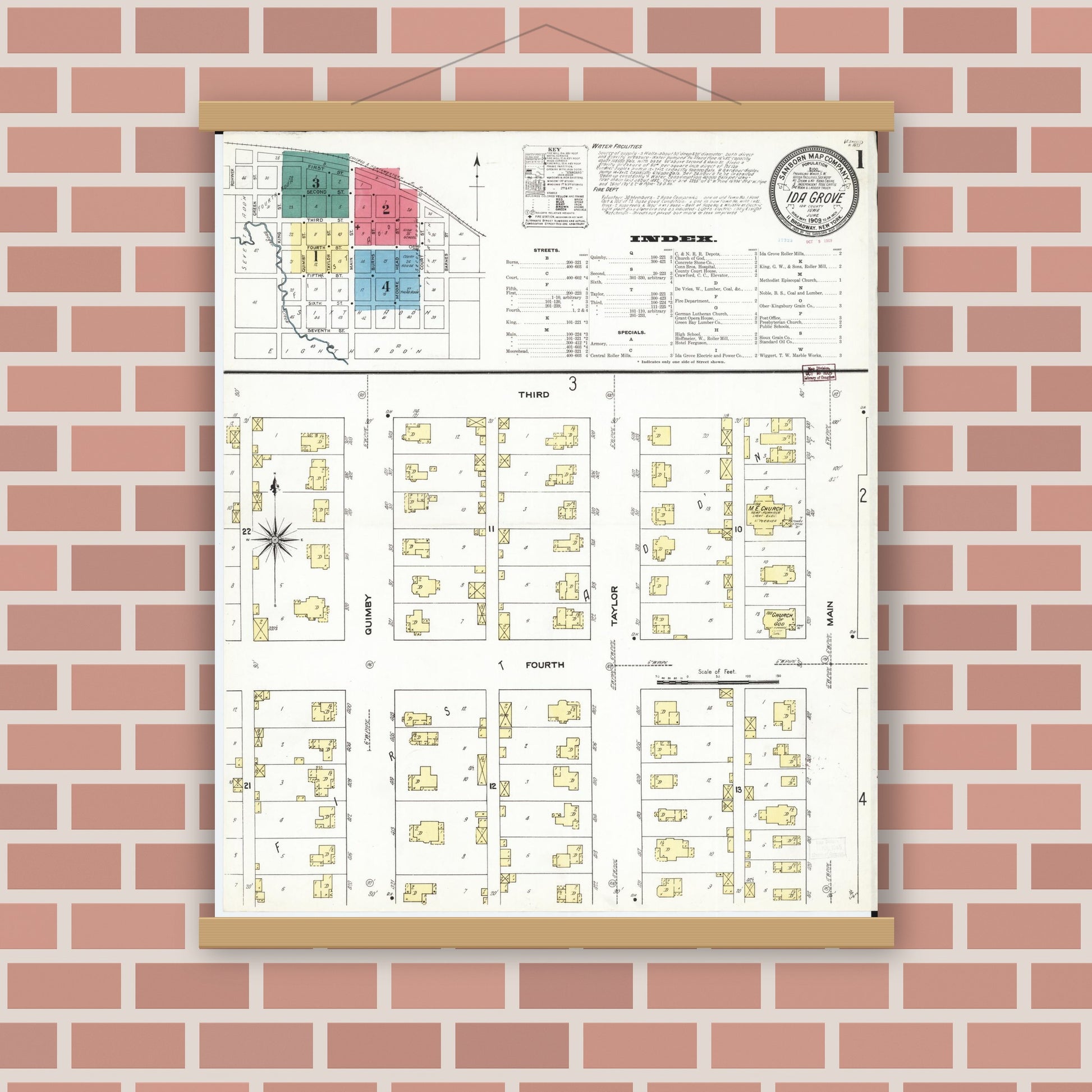 Old map wall art mockup — magnetic wood frame on brick wall — Sanborn Fire Insurance Map from Ida Grove, Ida County, Iowa (1909), Sheet #0001