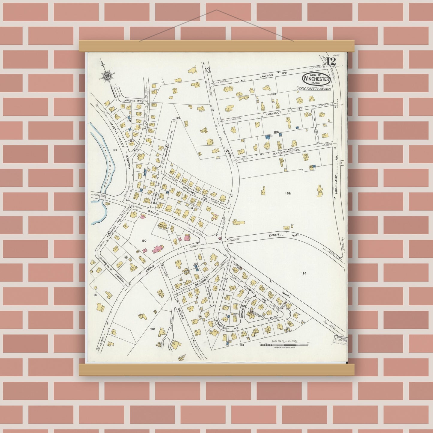 Old map wall art mockup — magnetic wood frame on brick wall — Sanborn Fire Insurance Map from Winchester, Middlesex County, Massachusetts (1921), Sheet #0012