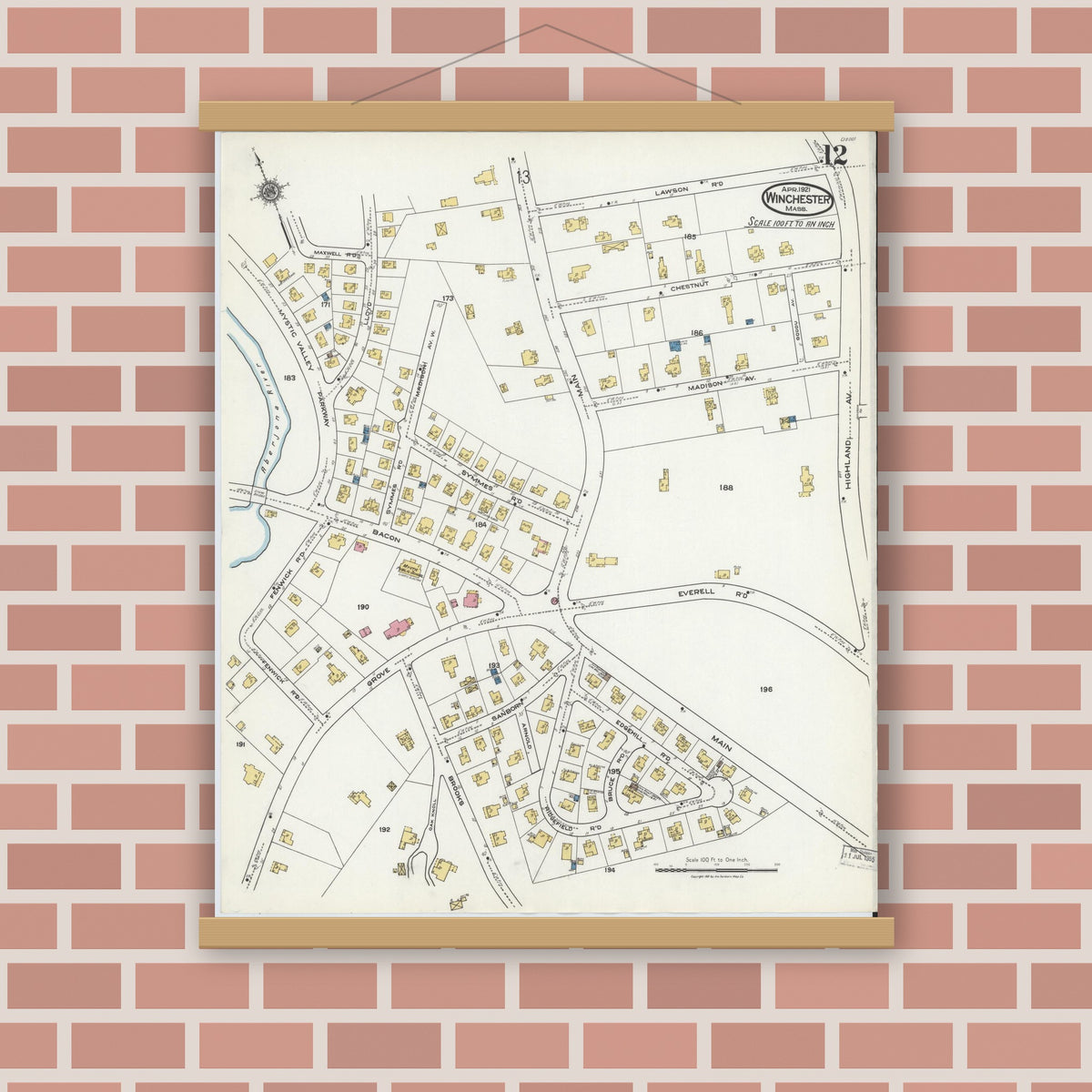 Old map wall art mockup — magnetic wood frame on brick wall — Sanborn Fire Insurance Map from Winchester, Middlesex County, Massachusetts (1921), Sheet #0012