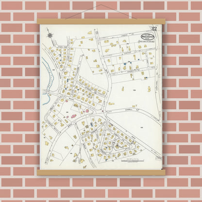 Old map wall art mockup — magnetic wood frame on brick wall — Sanborn Fire Insurance Map from Winchester, Middlesex County, Massachusetts (1921), Sheet #0012