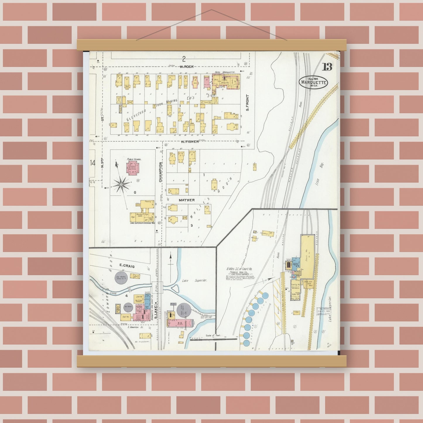 Old map wall art mockup — magnetic wood frame on brick wall — Sanborn Fire Insurance Map from Marquette, Marquette County, Michigan (1904), Sheet #0013