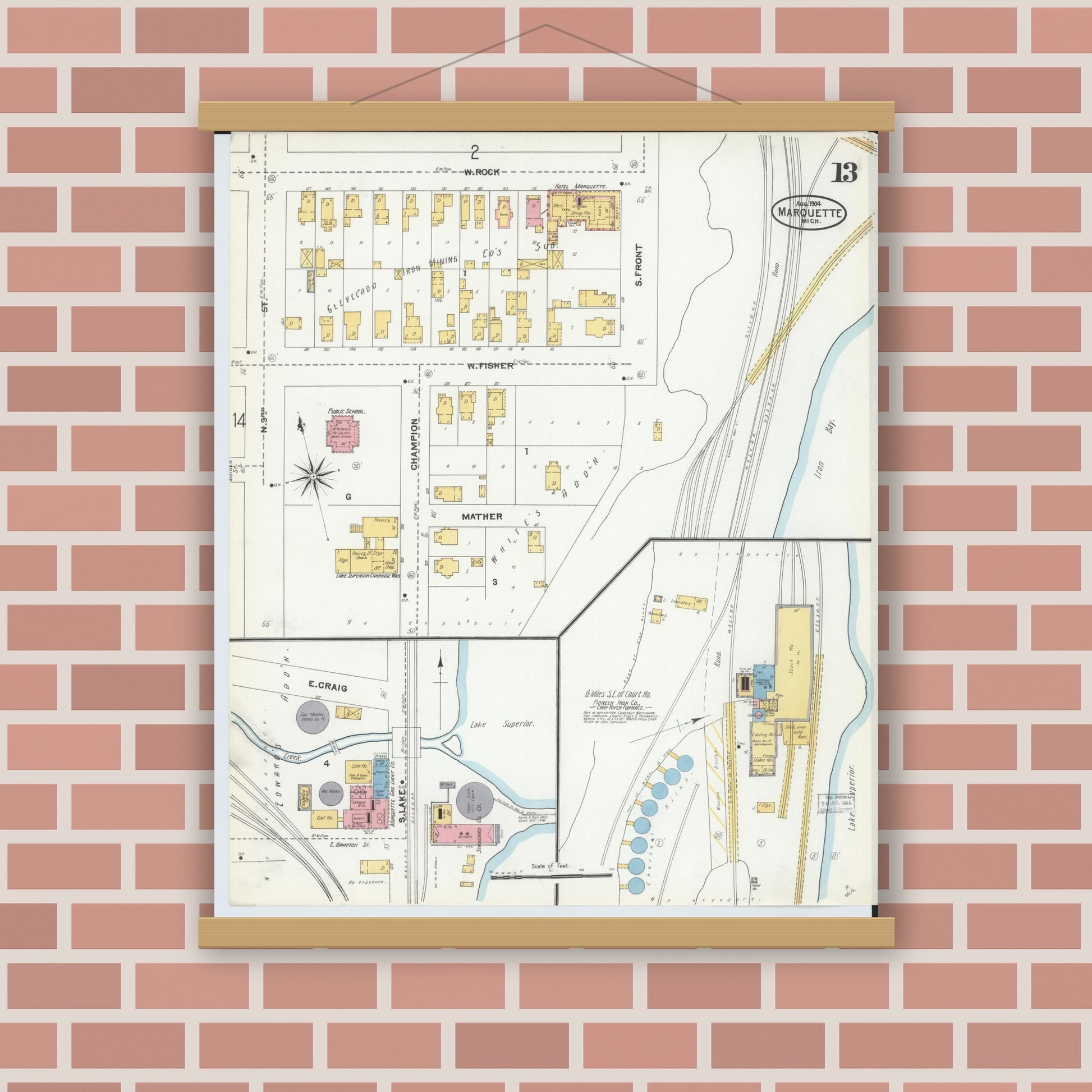 Old map wall art mockup — magnetic wood frame on brick wall — Sanborn Fire Insurance Map from Marquette, Marquette County, Michigan (1904), Sheet #0013