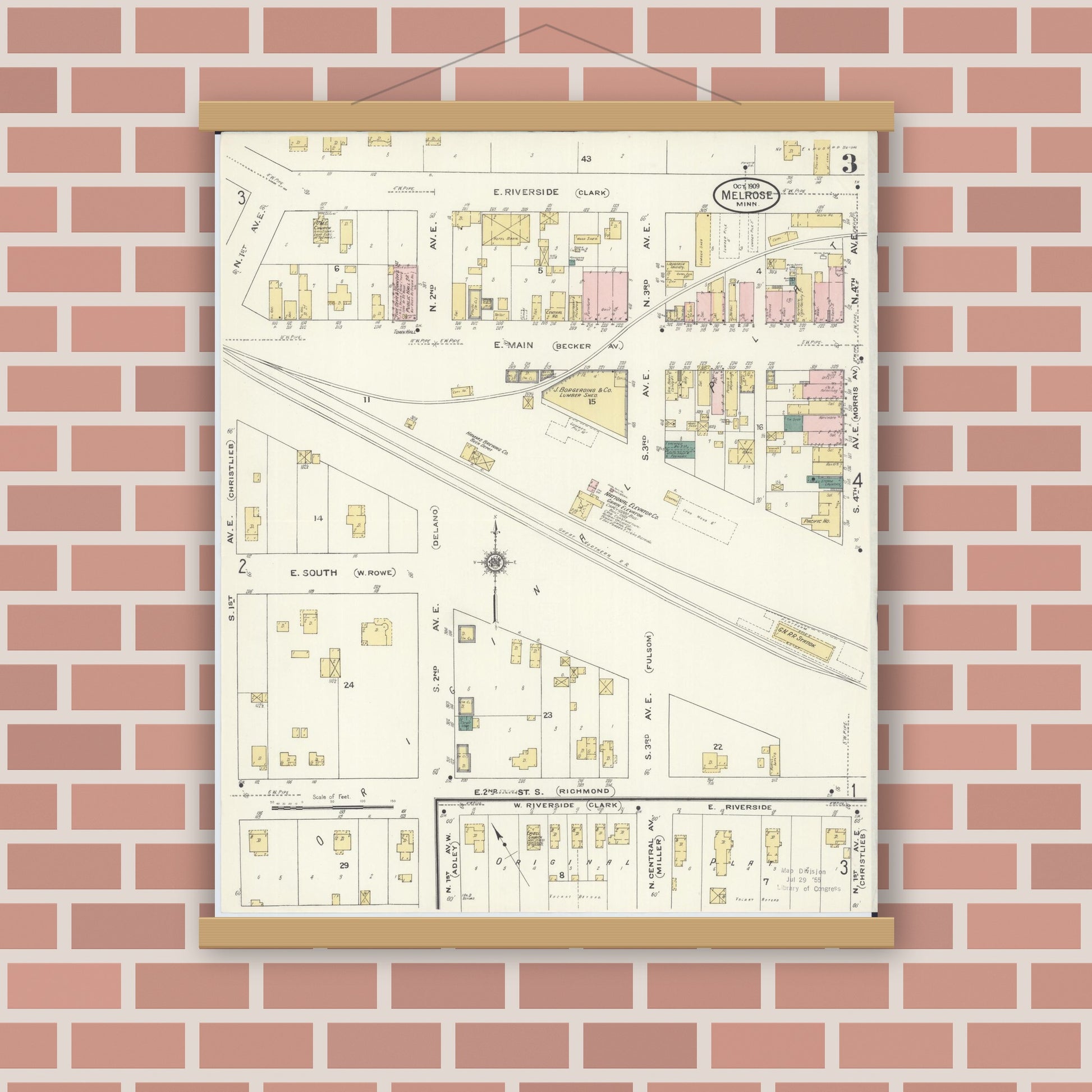 Old map wall art mockup — magnetic wood frame on brick wall — Sanborn Fire Insurance Map from Melrose, Stearns County, Minnesota (1909), Sheet #0003
