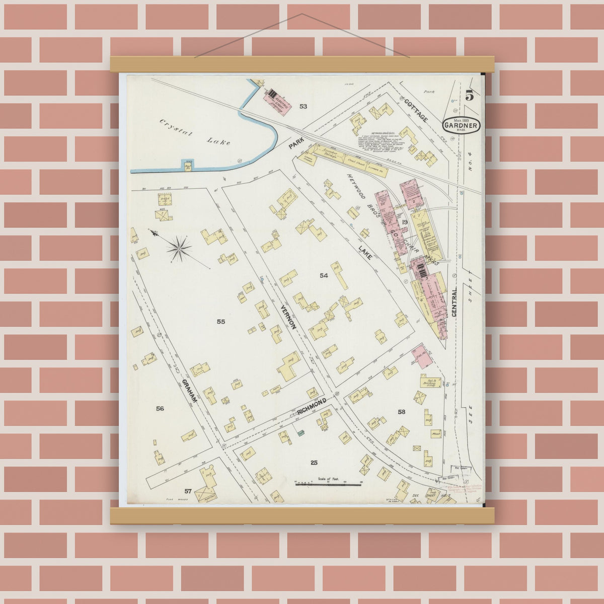 Old map wall art mockup — magnetic wood frame on brick wall — Sanborn Fire Insurance Map from Gardner, Worcester County, Massachusetts (1889), Sheet #0005