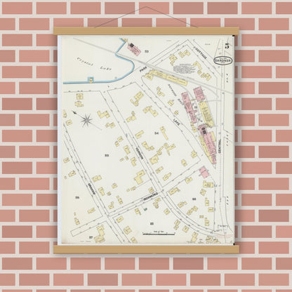 Old map wall art mockup — magnetic wood frame on brick wall — Sanborn Fire Insurance Map from Gardner, Worcester County, Massachusetts (1889), Sheet #0005