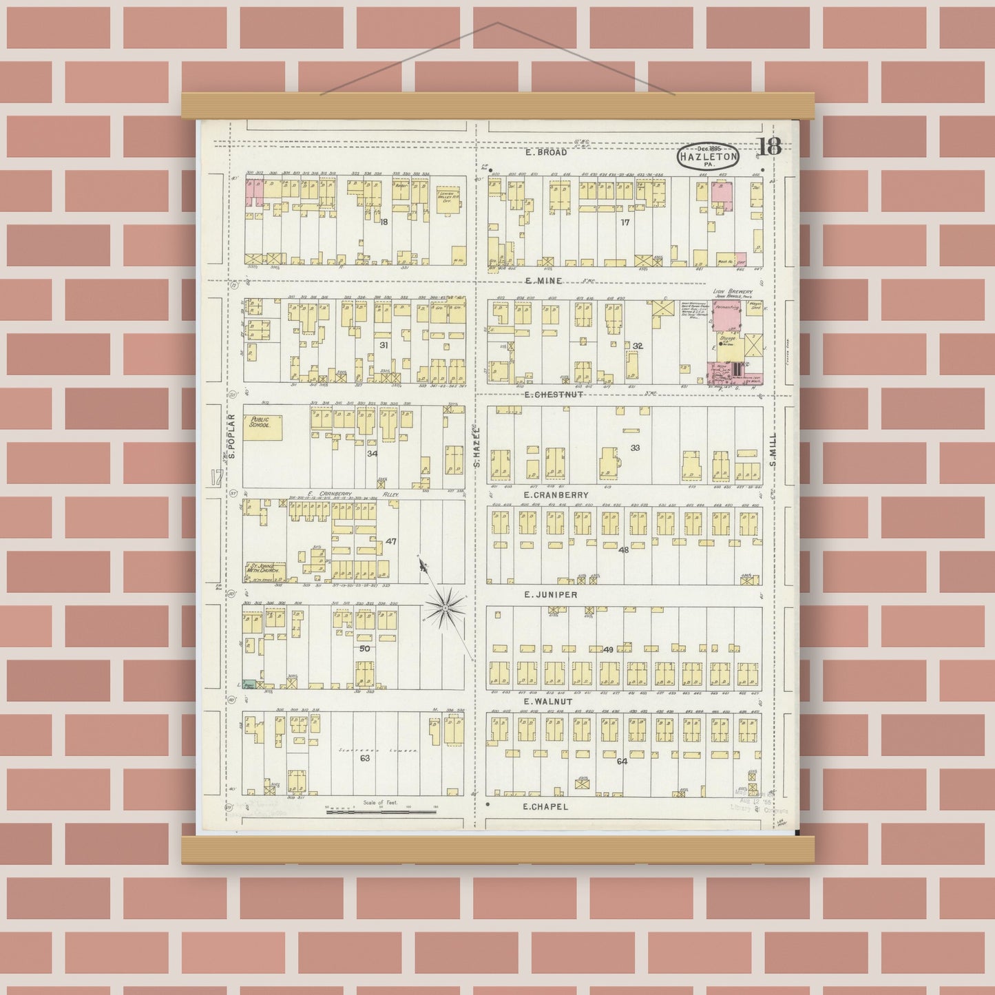 Old map wall art mockup — magnetic wood frame on brick wall — Sanborn Fire Insurance Map from Hazleton, Luzerne County, Pennsylvania (1895), Sheet #0018