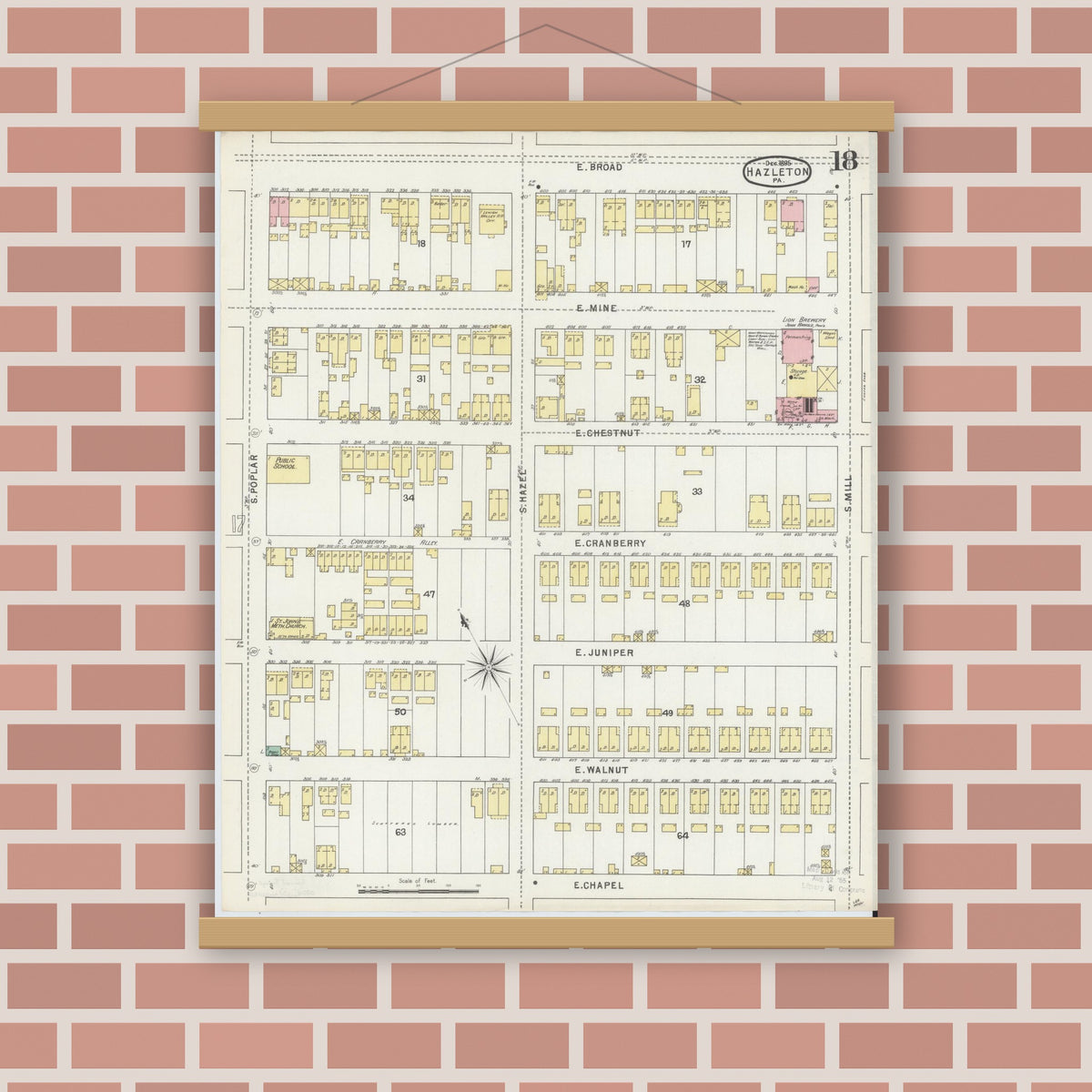 Old map wall art mockup — magnetic wood frame on brick wall — Sanborn Fire Insurance Map from Hazleton, Luzerne County, Pennsylvania (1895), Sheet #0018