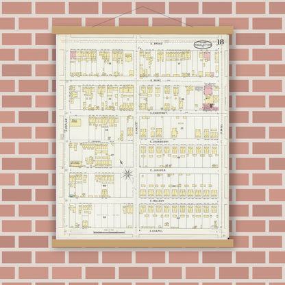 Old map wall art mockup — magnetic wood frame on brick wall — Sanborn Fire Insurance Map from Hazleton, Luzerne County, Pennsylvania (1895), Sheet #0018