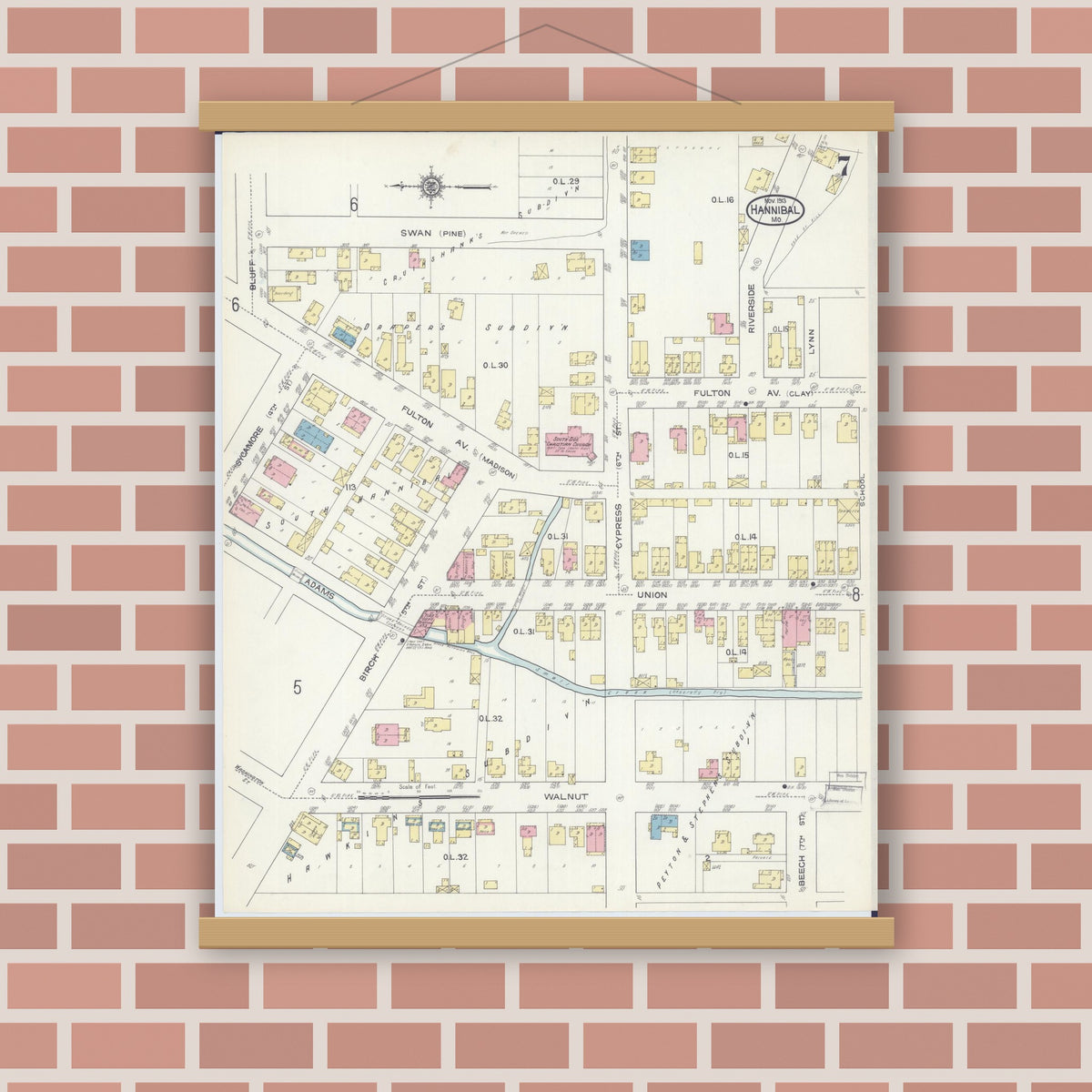 Old map wall art mockup — magnetic wood frame on brick wall — Sanborn Fire Insurance Map from Hannibal, Marion County, Missouri (1913), Sheet #0007