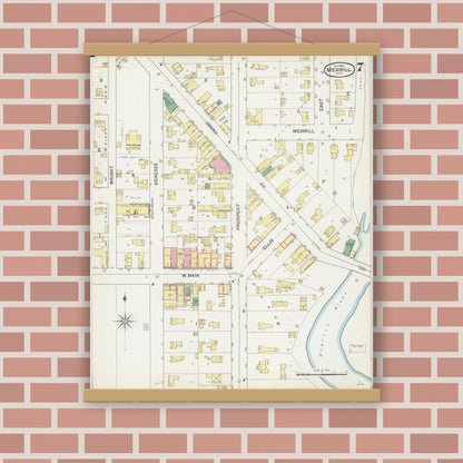 Old map wall art mockup — magnetic wood frame on brick wall — Sanborn Fire Insurance Map from Merrill, Lincoln County, Wisconsin (1892), Sheet #0007