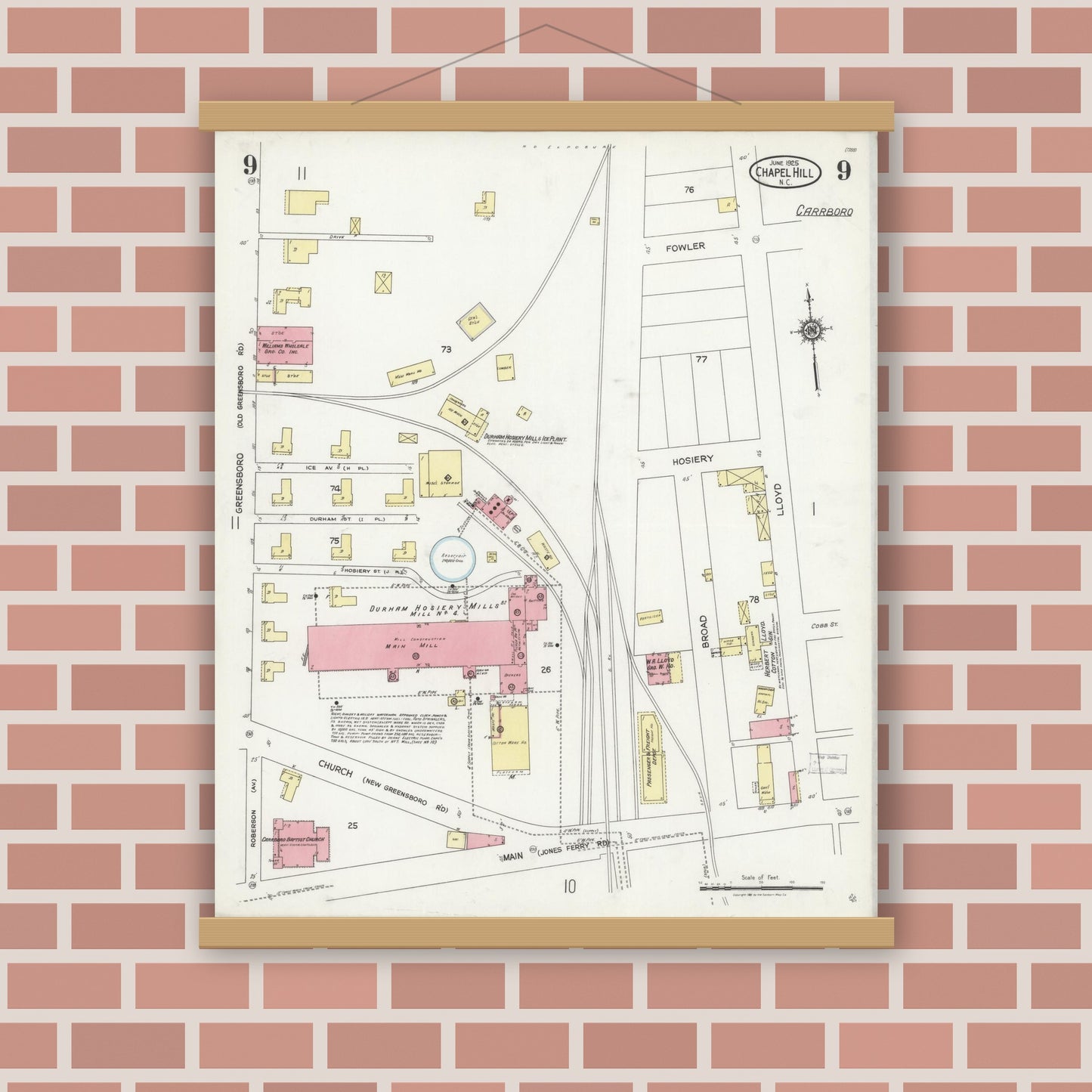 Old map wall art mockup — magnetic wood frame on brick wall — Sanborn Fire Insurance Map from Chapel Hill, Orange County, North Carolina (1925), Sheet #0009