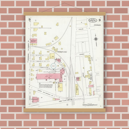 Old map wall art mockup — magnetic wood frame on brick wall — Sanborn Fire Insurance Map from Chapel Hill, Orange County, North Carolina (1925), Sheet #0009