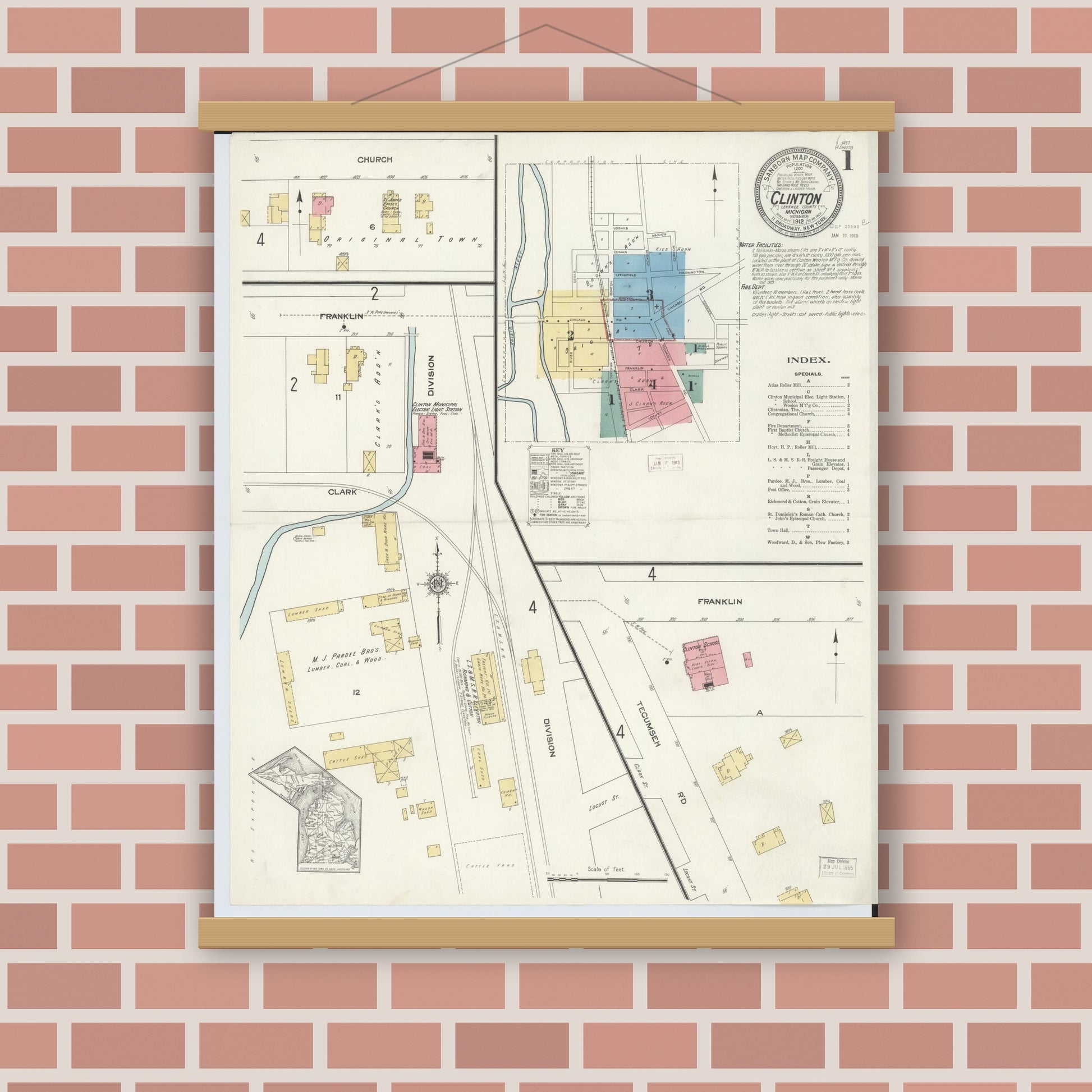 Old map wall art mockup — magnetic wood frame on brick wall — Sanborn Fire Insurance Map from Clinton, Lenawee County, Michigan (1912) - Complete Map Set